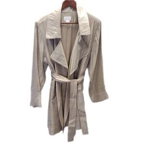 M  Debra DeRoo Trench Coat Metallic Champagne Mid Length Sash Pockets Shiny Y2K